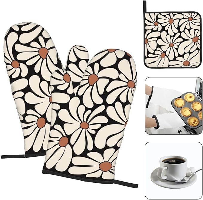 Boho Floral Pot Holders and Oven Mitts Set, Cute Black and Beige Kitchen Mitts for Oven,Non Slip Heat-Resistant Vintage Baking Gloves Hot Pads, Baking Gifts for Women