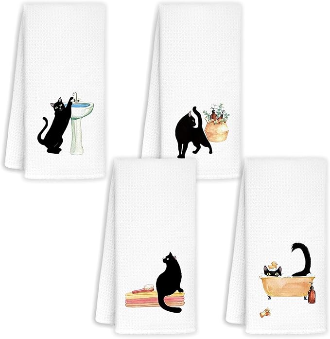 Jvpke Funny Black Cat Decorative Hand Towels for Bathroom Set of 2 - Black Cat Gifts for Women Kids Men Her Girls Friends Teacher Adults, 16×24 Inch