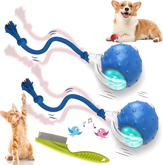2026 New Dog Toy, Motion Dog Toy, Interactive Rolling Ball with Birdsong, Smart 360° Automatic Rolling Electric Dogs Ball Toys with Rope for Dogs and Cat Indoor Play (Blue*2)