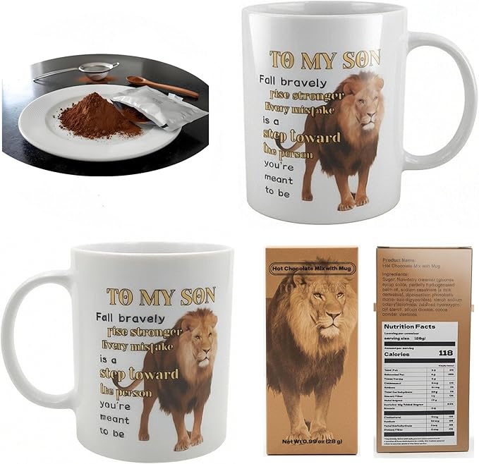 Mug Gift For Son To My Son Ceramic Coffee Mug With Lion Design Porcelain Coffee Mugs and Hot Chocolate Mix Set - Inspirational Birthday Gift For Son