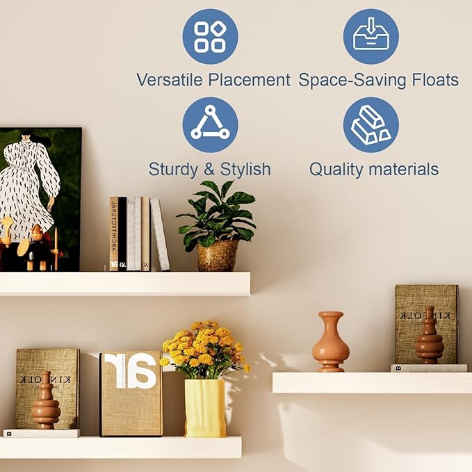 Floating Shelves for Wall White Shelves Bathroom, Bedroom and Living Room, Wall Shelves & Book Shelf, Hanging Shelf, Modern Wooden Wall-Mounted Small Floating Shelf, 12x7x1.5 in, Set of 2