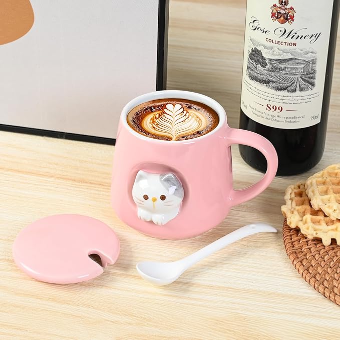 FrutPunch Ceramic Cute Coffee Mug, 12.8 oz Funny Coffee Mug with Lid and Spoon, Fun Gift for Women, Girls, Kids, Cat Lovers, Mothers Day