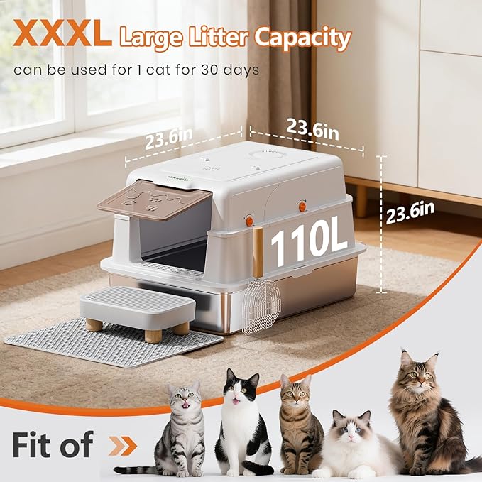 Stainless Steel Litter Box with Lid, 28" Extra Large Cat Litter Pan, Enclosed Metal Litter Box with Litter Scoop & Filter Pedal, Anti-Leakage, Odor Free, Non-Sticky, Anti-Leakage, Easy Cleaning