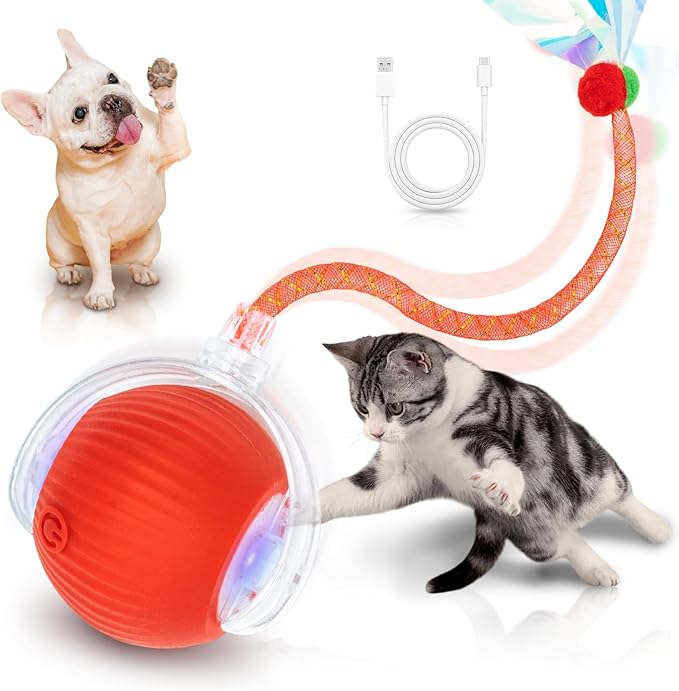 Interactive Cat Toys for Indoor Cats Smart Automatic Ball Rolling for Bored Kitten Pet Upgraded Speedy Moving Chase Dogs Toy Easter Gifts Red Dragonfly