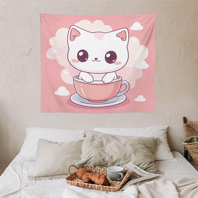 MaSiledy Tapestry As Wall Art Kawaii Cat Tapestry Cute Kitten Cat Meow Wall Hanging Wall Tapestry Aesthetic for Bedroom Colorful Wall Hanging Aesthetic Wall Art For Room Decor 50"x60"