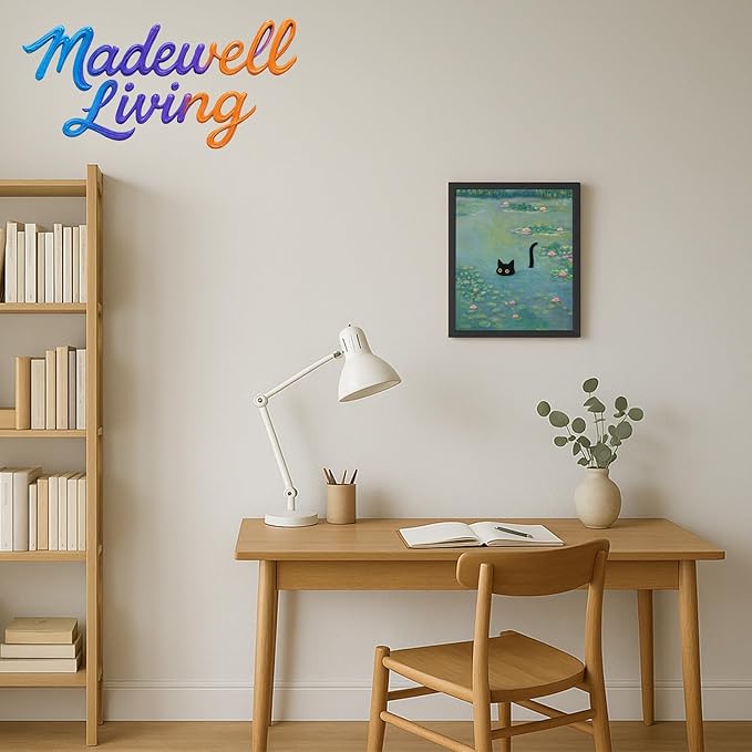 Funny Cat in Water Lilies Wall Art, Vintage Monet-Style Bathroom & Bedroom Decor, Ready to Hang Aesthetic Cat Gift for Dorm, Living Room, Black Frame Canvas Print(8’’x10’’)