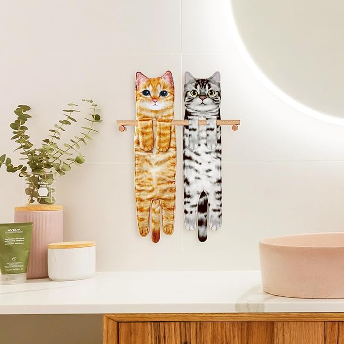 Funny Hand Towels for Bathroom Kitchen Decor - Cute Cat Hanging Hand Towel Kitchen Gadgets - Unique Housewarming Birthday Christmas Cat Lover Gift Ideas for Women Mom Lady Adults