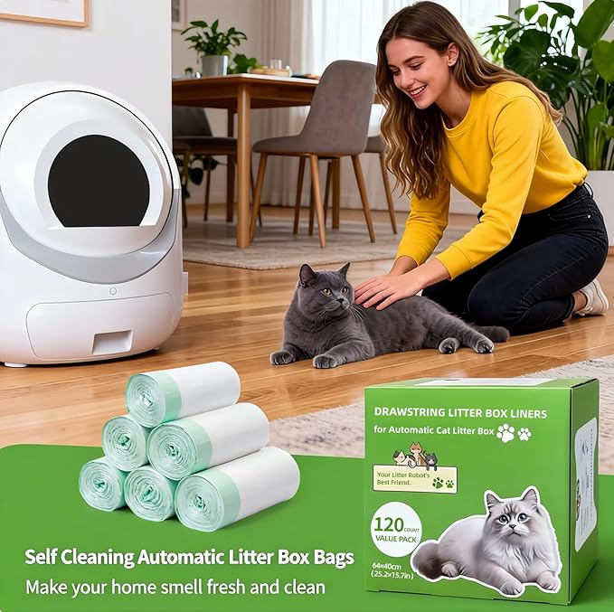 120 Count Cat Litter Box Liners Compatible with Litter Robot 3 & 4, Cat Litter Liners for Automatic Litter Box, Extra Thick Heavy Duty Waste Bags with Drawstrings, 25.2" x 15.7" (10-12 Gallons)