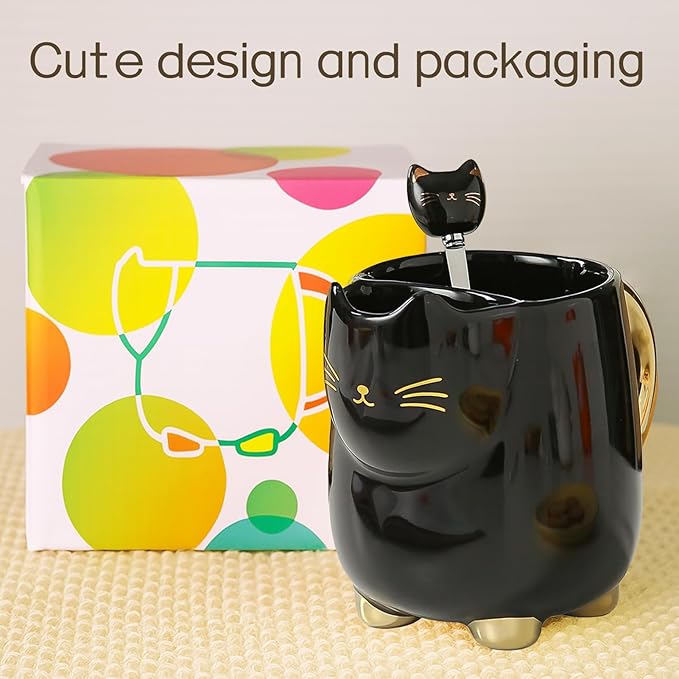 Yuwu 17oz Cat Mug with Tea Bag Holder & Spoon – Cute Ceramic kitty Coffee Cup Gift for Cat Lovers, Women, Girls – Tea Mug for Birthday, Christmas, Valentine’s Day(black)