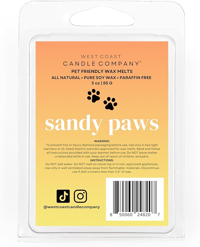 Sandy Paws | Pet Friendly Wax Melts | Natural Soy | Clean Burning | Non-Toxic | Veterinarian Approved | Pet Odor Eliminator | Air Freshening Scented Wax Melts