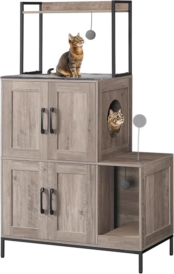 HOOBRO Cat Litter Box Enclosure Furniture, 2 in 1 Hidden Litter Box Furniture with Shelf, Double Litter Box Cabinet with 2 Dangling Plush Balls and 1 Toy Ball, Greige and Black BG78MW01