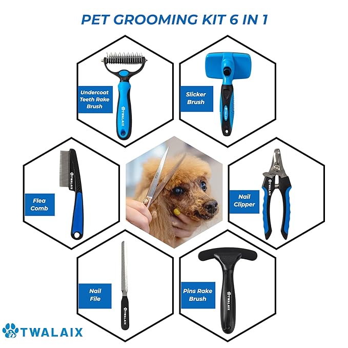 6 in 1 Pet Grooming Kit for Dogs & Cats - Deshedding Brush, Undercoat Rake, Slicker Brush, Nail Clipper, Nail File & Flea Comb for All Coat Types