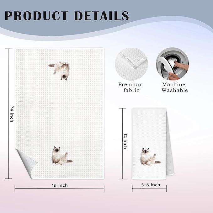 Funny Ragdoll Cat Kitchen Towels, Cat Lover Mom Gifts Dish Tea Towels for Kitchen Decor, Cute Kitty Kitten Decorative Hand Towel Bathroom Decor, 16x24 Inch Set of 2