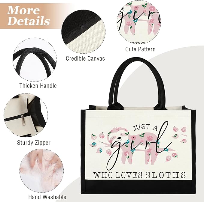 Canvas Tote Bag for Women, Cute Sloth Gifts for Sloth Lover, Animal Lover Gift Aesthetic Bag Reusable Grocery Bag, Birthday Christmas Gift for Mom Daughter Friends Sisters Bestie Who Loves Sloths