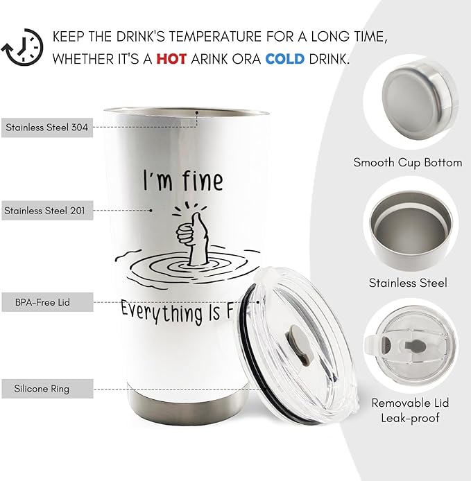 Funny 20oz Travel Coffee Mug Tumbler, I'm Fine Everything Is Fine Funny Humorous Stainless Steel Tumbler with Lid and Straw