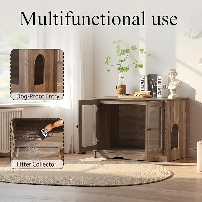 Cat Litter Box Enclosure with Convenient Litter Collector, Cat-Viewing Glass Doors, Wooden Cozy Pet House (Grey)