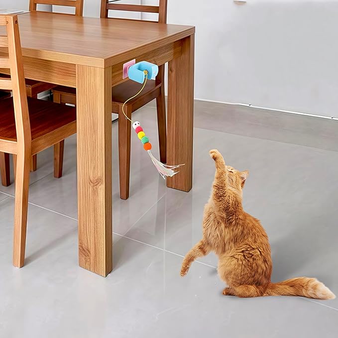 Automatic Hanging Cat Toy for Indoor Cats, Electric Doorway Cat Teaser with Motion Sensor, Quiet Motor & Retractable Rope, Includes 3 Replaceable Feather Attachments, USB Rechargeable, Blue