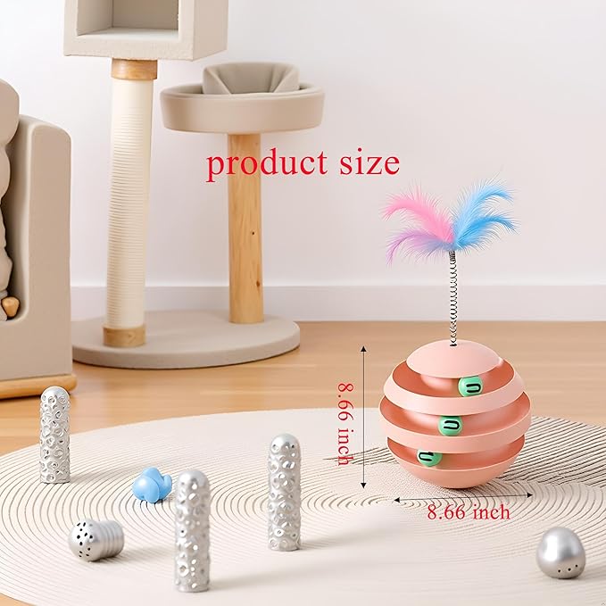 Cat Toys for Indoor Cats, Interactive Cat Toy Ball Track with Feather Sticks, 3 Spinning Balls, Wobble Rotating Tumbler Base for Bored Indoor Adult Cats to Play Alone, Reduce Anxiety (Pink).