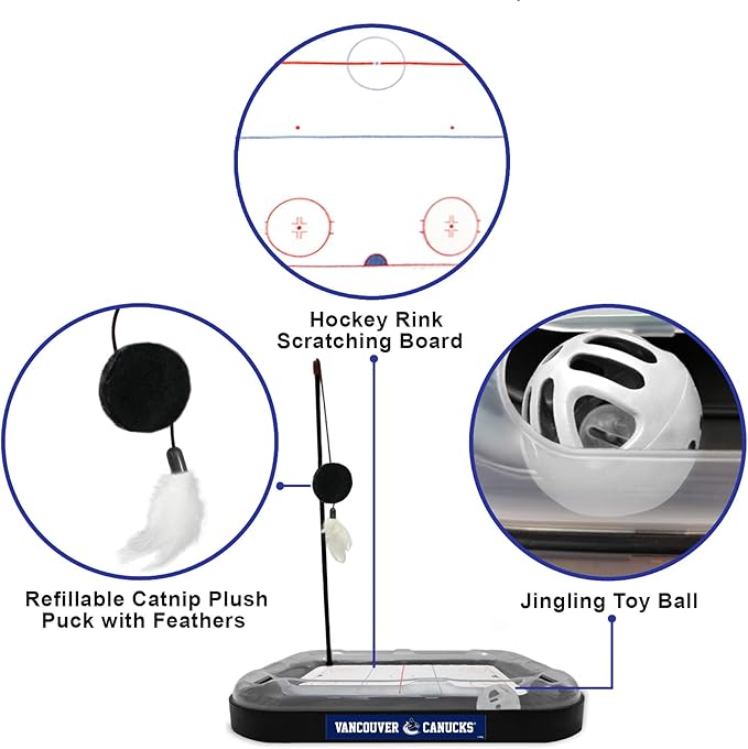 Pets First Vancouver Canucks Scratching Toy - 5-in-1 Hockey Field Cat Scratcher with Interactive Ball & Bell