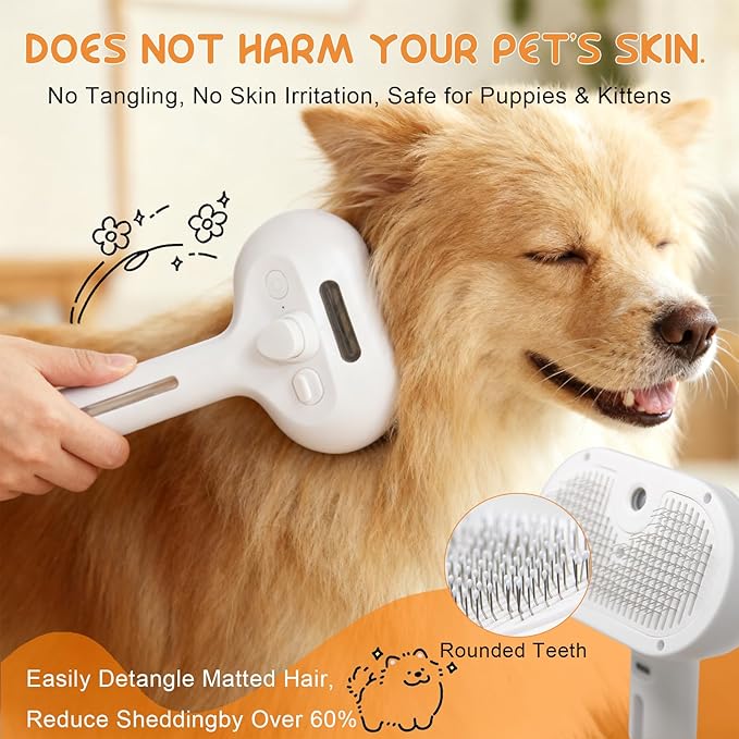 Fresh Fur Shower Brush, 3 in 1 Pet Steam Brush, Spray Hair Removal Comb for Cats ＆ Dogs - Deshedding＆ Grooming (White)