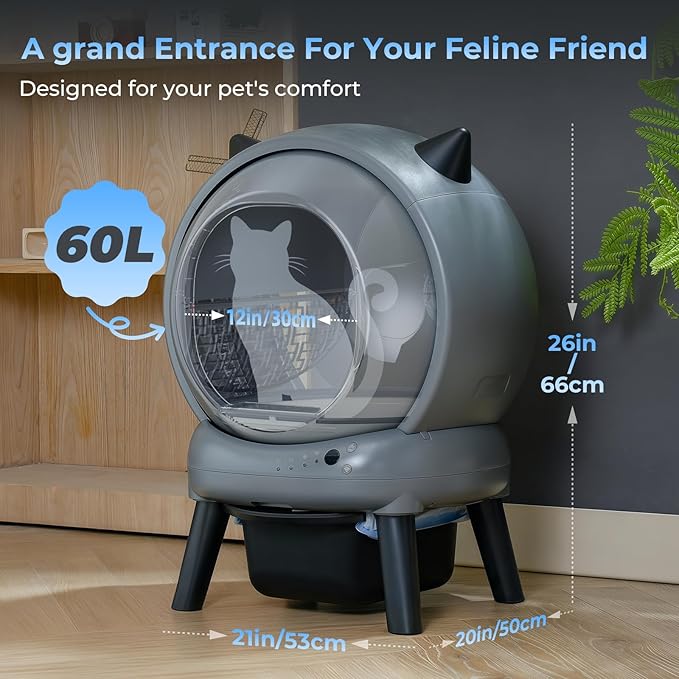 Self Cleaning Litter Box for Cats, E2 Automatic Cat Litter Box with Smart APP Control and Health Monitoring, Includes 2 Roll Trash Bag & Litter Mat, Grey