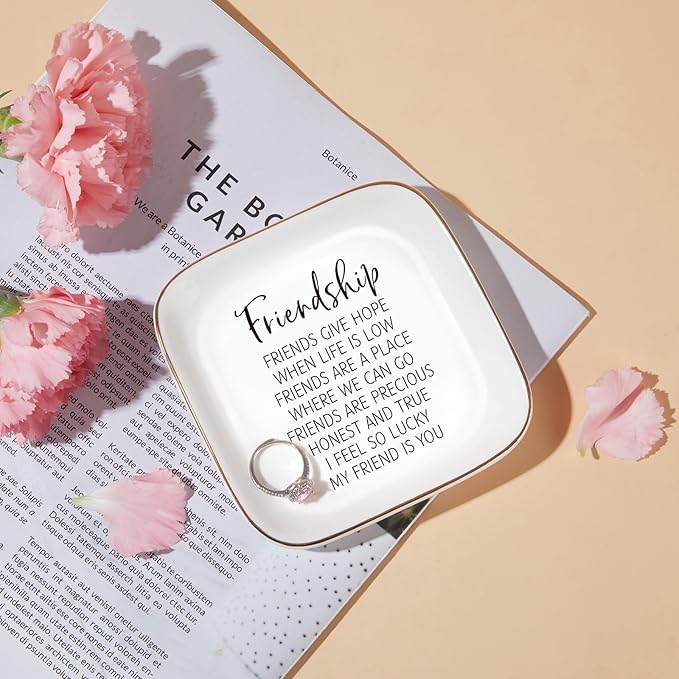 PUDDING CABIN Friend Gifts for Women Birthday - “I Feel So Lucky My Friend is You Friendship Jewelry Dish for Besties, Sisters, Best Friends, Birthday Gifts for Women Mothers Day Graduation Christmas
