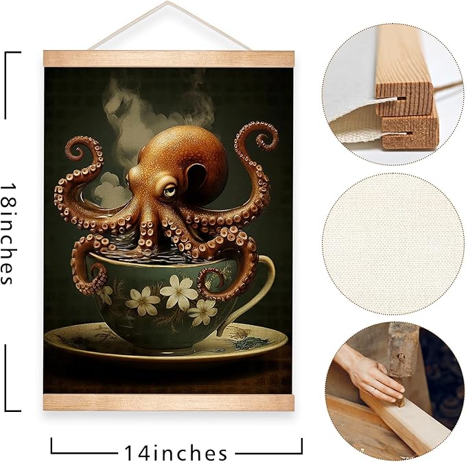 HEYJEEPER Whimsical Octopus in Teacup Wall Art Decor,14x18inch Gothic Dark Aesthetic Canvas Poster with Wood Frame, Retro Animal Poster for Kitchen,Living Room,Coffee Bar(Octopus)