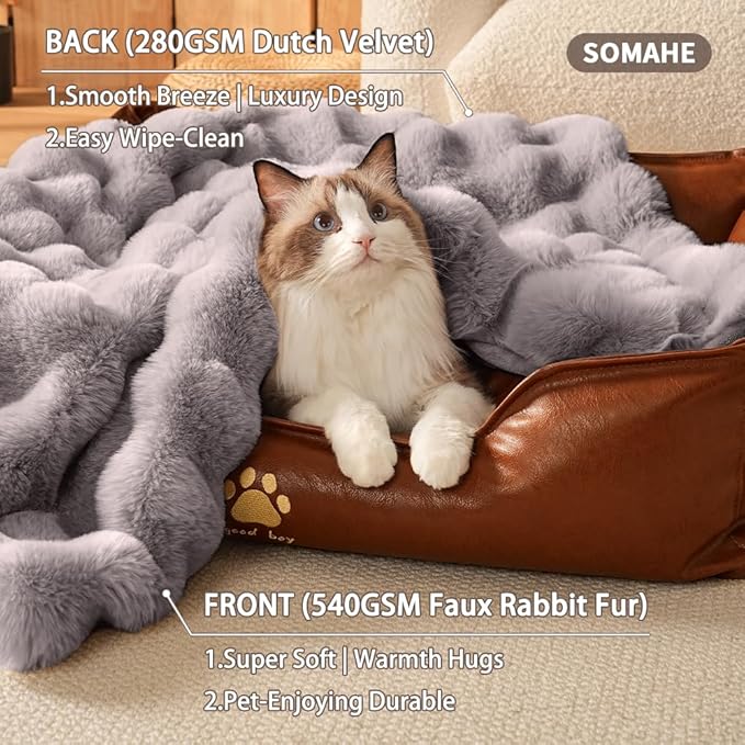 SOMAHE Self-Warming Cat Blanket for Indoor Cats & Small Dogs, Dual-Side Sherpa Plush Throw, Anti-Static Shared Couch Mat for Crate & Travel, Machine Washable No Shrink, 28x22 Inch Gray