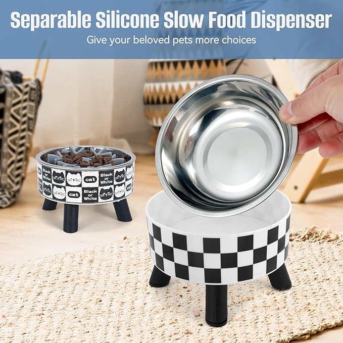 2PCS Elevated Cat Bowls with Slow Feeder, Wide Raised Stainless Steel Cat Dishes Plastic Stand Silicone Slow Food Dispenser, Whisker Friendly Pet Water Food Plates Feeding Station Indoor Cats, Kitten