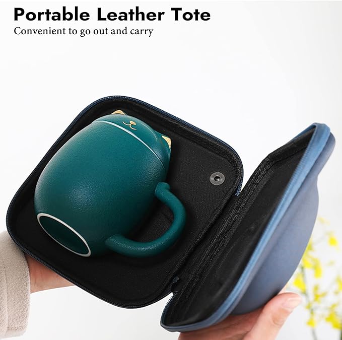 Liywall - Ceramic Tea Mug with Infuser and Lid, Cat Design Handmade Porcelain Tea Cup Strainer With Portable Shockproof Storage Case for Travel Office Home,Wife Girlfriend Gift - Green