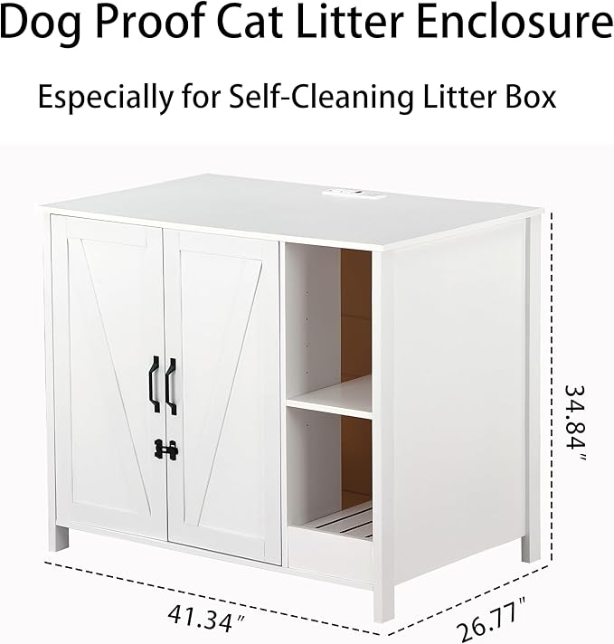 Large Cat Litter Enclosure with Litter Collector,Enclosure for self-Cleaning Litter Boxes,Adjustable Shelf for Dog Proof,Outlet,Locks Added for cat,Cat Washroom Cabinet,Cloud White