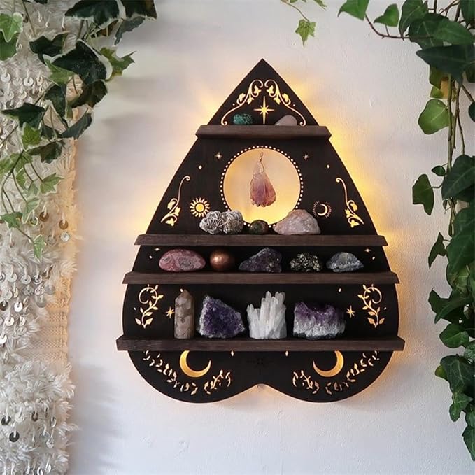 Crystal Display Shelf Wall Moon Shelves Luna Moth Hamsa Hand Holder Floating Wall Mounted Decorative Crystal Shelf (Heart-38.5 * 31cm/15 * 12.2inch)