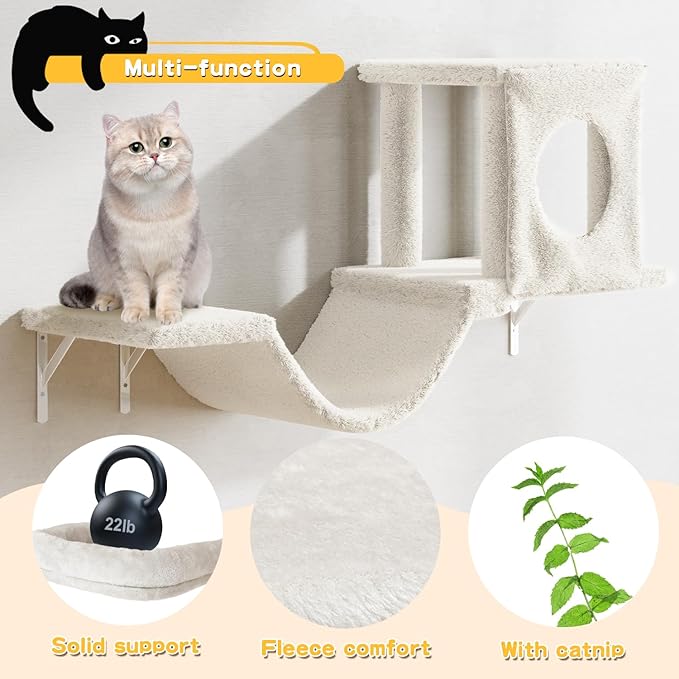 12-in-1 Cat Wall Shelves, Wall Mounted Cat Climber with Condo House, Scratching Post, Bridge Ladder, Space-Saving Indoor Play Furniture for Kittens, White
