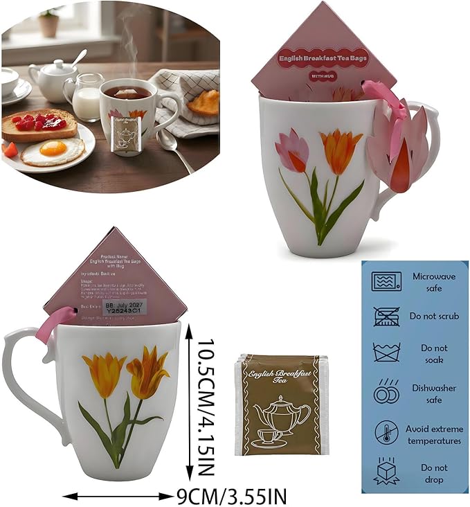 Floral Tulip Mug Gift Set Ceramic Tea Mug with Tulip Design, Includes English Breakfast Tea Gift Boxed – Perfect Mother’s Day, Birthday or Thank You Present for Her