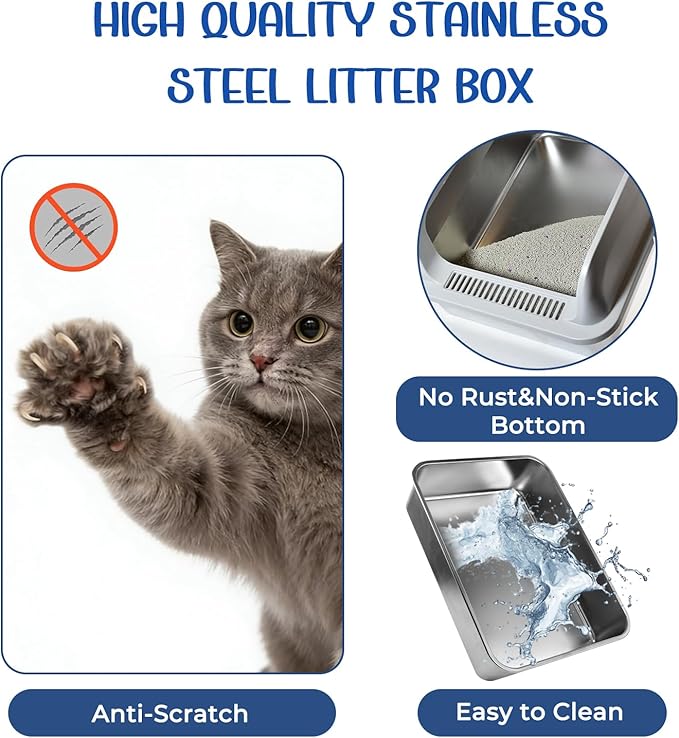 2 Pack Stainless Steel Cat Litter Box with Lid, High Wall Kitty Litter Box for Small Cats, Metal Kitty Litter Box, Non-Sticky, Anti-Leakage, Easy Cleaning, Include Cat Mat and Scoop, 17.2"x13.2"x7.7"
