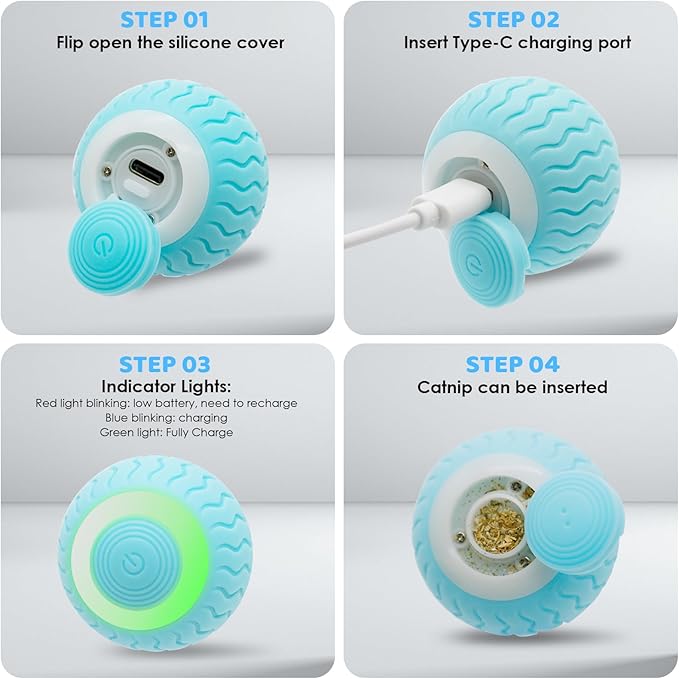 Interactive Cat Toy Ball, Electric Cat Ball with LED Lights, Rolling Cats Toy and Smart Automatic Moving Toy Balls for Cats, Kitten, Dogs with Type-C Charge