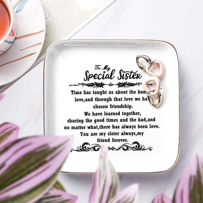 PUDDING CABIN Mother's Day Sister Gifts from Sister Birthday Gifts, Ceramic 5.5inch Jewelry Dish Ring Tray - “You are My Sisters Always, My Friend Forever Gift for Big or Little Sisters