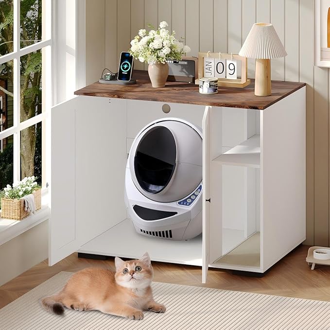 PeakPursuit Large Litter Enclosure Cabinet, XL Cat Robot Furniture with Dog Proof Shelf, Power Outlet & 5 Ft Cord, Fit for Most Self-Cleaning Litter Boxes White-A