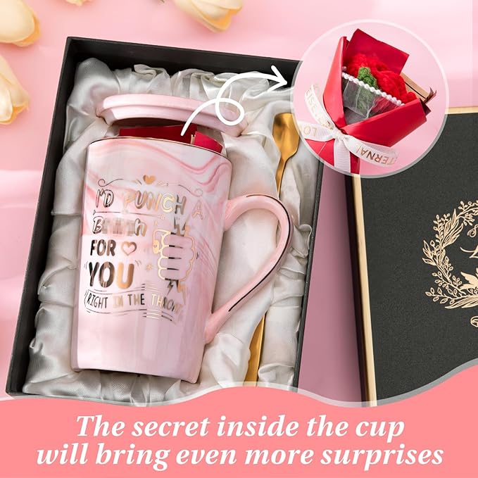Mothers Day Gifts for Mom Wife from Daughter Son, Funny Birthday Gifts for Women – 14oz Ceramic Marble Mug with Gold Print and Knitted Bouquet, Unique Gift Set for Mom, Her, Wife, Sister, Friendship