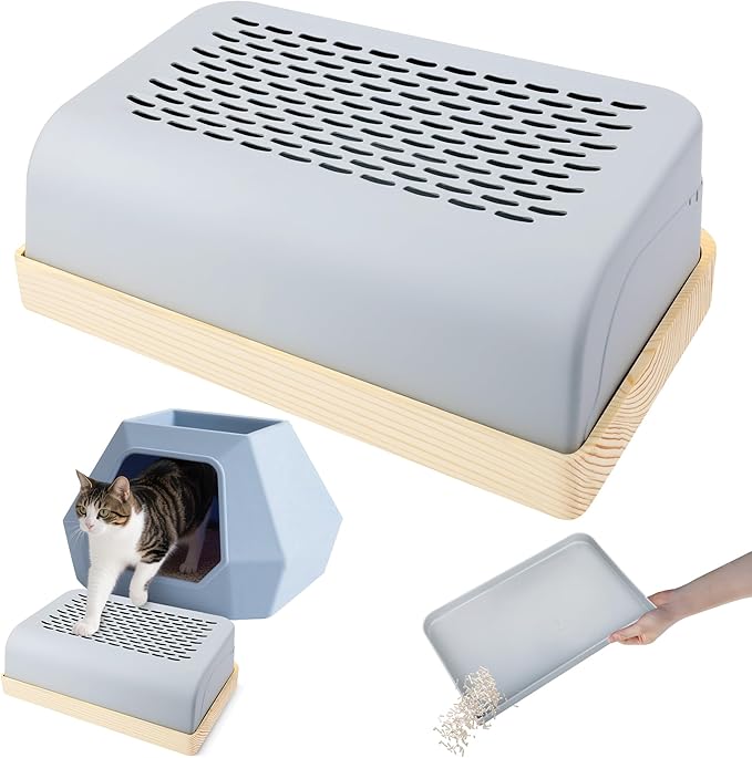 Cat Ramp for Litter Box with Wooden Base, Catcan Litter Box Step with Filter Function Double Layered Self-Cleaning Cat Litter Trapper for Small & Elderly Cats