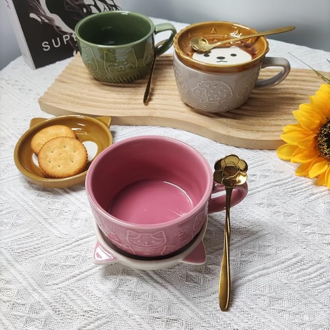 Ceramic Cute Cat Mug With Lid - Funny Novelty Cup for Cat Lovers, Tea and Dessert - Gift for Girls, Boys, Women on Christmas, Birthday (Pink)