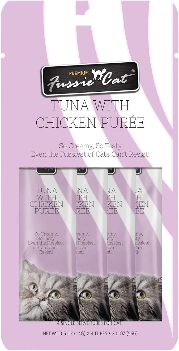 Fussie Cat Tuna with Chicken Puree, lickable cat treats, 0.5oz pouch pack of 4