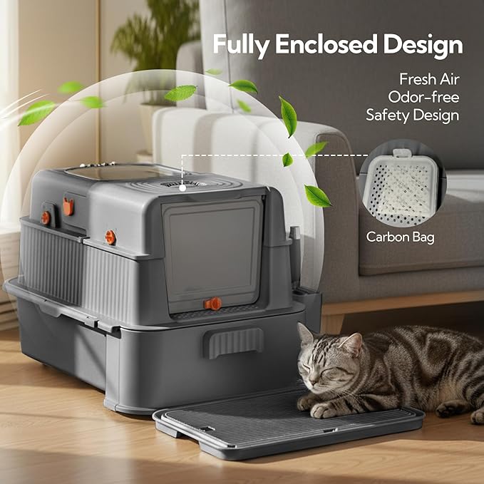 Soulbond Stainless Steel Cat Litter Box with Lid, Enclosed Large Metal Litter Box with Drawer and Flip Door for Big Cats, Top Entry, Odor Control, Easy to Clean (Grey)