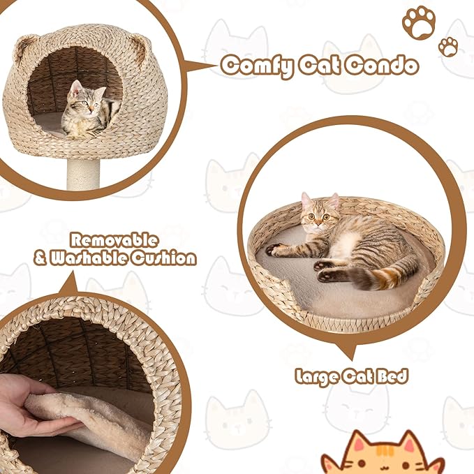 Tangkula Modern Cat Tree Tower, Multi-Level Tall Activity Center with Natural Sisal Scratching Posts, Hammock, Hand-Made Cattail Cute Condo with Funny Toy Balls