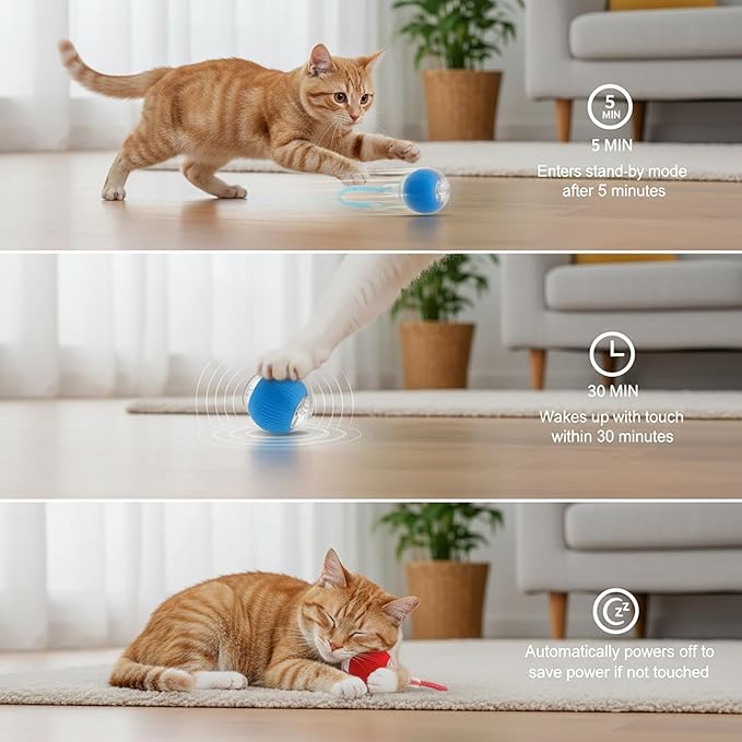 Interactive Cat Toys Ball for Cats - Upgrade Automatic Cat Toys for Indoor Cats, 3 Modes 2 Speed Moving Cat Ball with Dragonfly Feathers 2PCS (Red Blue)
