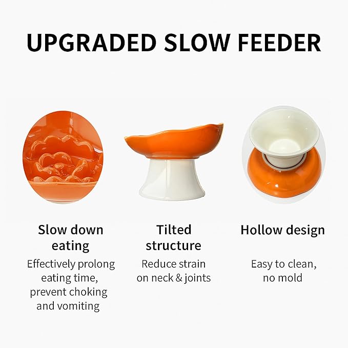 Ceramic Slow Feeder Bowl for Cats and Small Dogs, Elevated Tilted Pet Food Dish, Whisker Friendly Anti-Vomit Design, Heavy Stable Base, Dishwasher Safe， 5 Colors Options (Ruby Red)