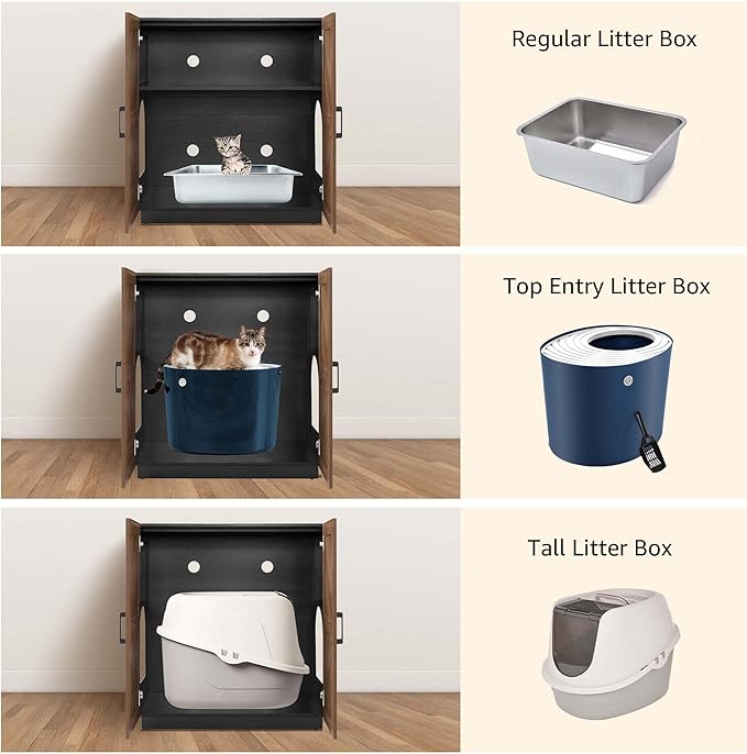 unipaws Cat Litter Box Enclosure Furniture with Storage Shelf, Tall Hidden Litter Box Cover for Tall or Top Entry Litter Box, Kitty Enclosed Cabinet, Cat Box with Odor Control, Walnut and Black