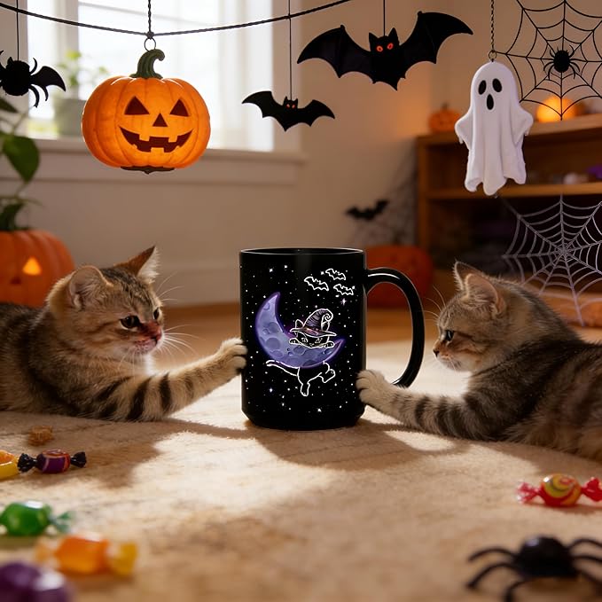 Halloween Witchy Black Cat Coffee Mug, 15oz Gothic Novelty Ceramic Cup, Celestial Moon & Star Spooky Design, Ideal for Hot & Cold Drinks, Cat Lover Gift, Goth Home Decor, Fun Gift for Women & Men
