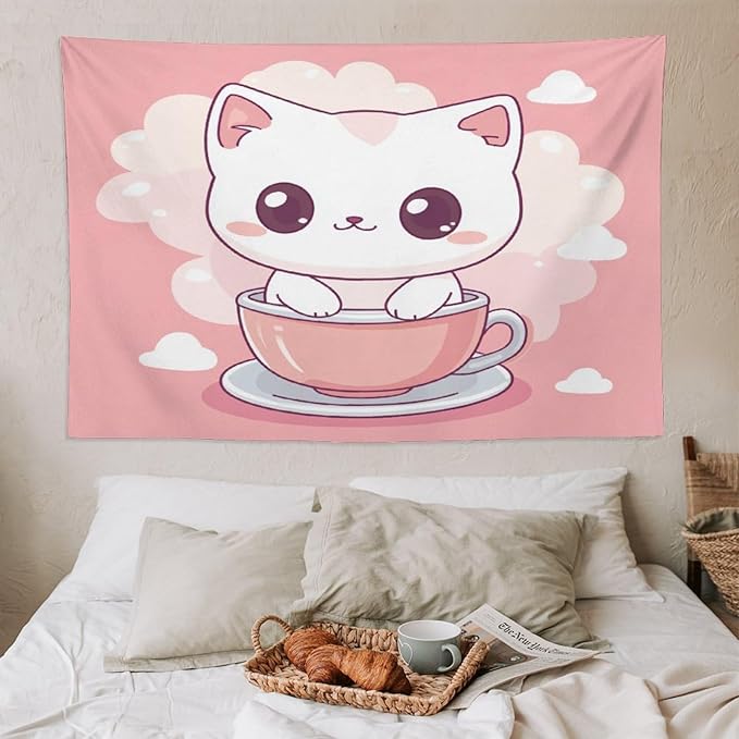 Kawaii Cat Tapestry As Wall Art Cute Kitten Cat Meow Tapestry Aesthetic Landscape Tapestry Wall Decor for Bedroom Living Room Dorm 60"x90" Wall Hanging for Home Decor Bedroom Living Room Dorm Decor