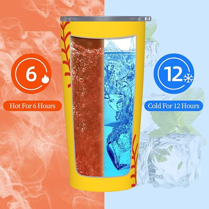 Baseball Tumbler 20oz Baseball Stainless Steel Insulated Tumblers with Lid and Straw Yellow Travel Coffee Mug Tea Wine Cups Water Bottle Holiday Gifts for Women Baseball Lover
